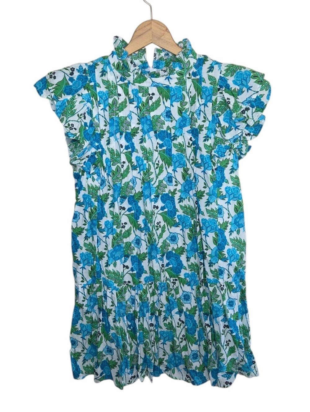 Victoria Dunn Blue Green White Floral Print Pleated Ruffle Cotton Dress Size XS